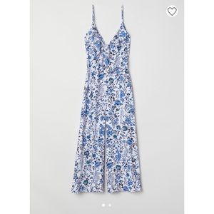 H&M Divided White and Blue Floral Ankle Length Jumpsuit